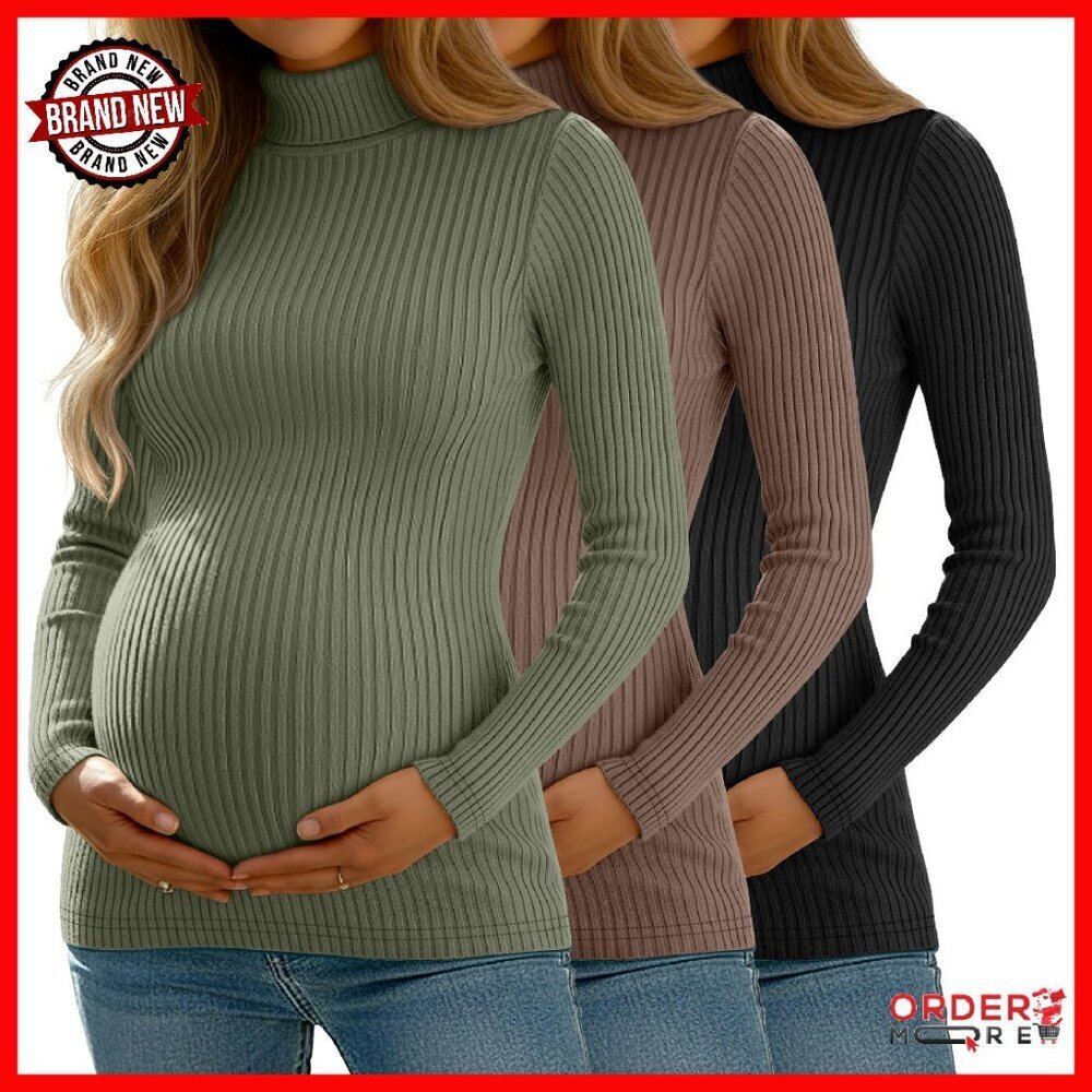 Maternity Turtleneck Tops 3 Pack Slim Fit Long Sleeve Ribbed Cotton